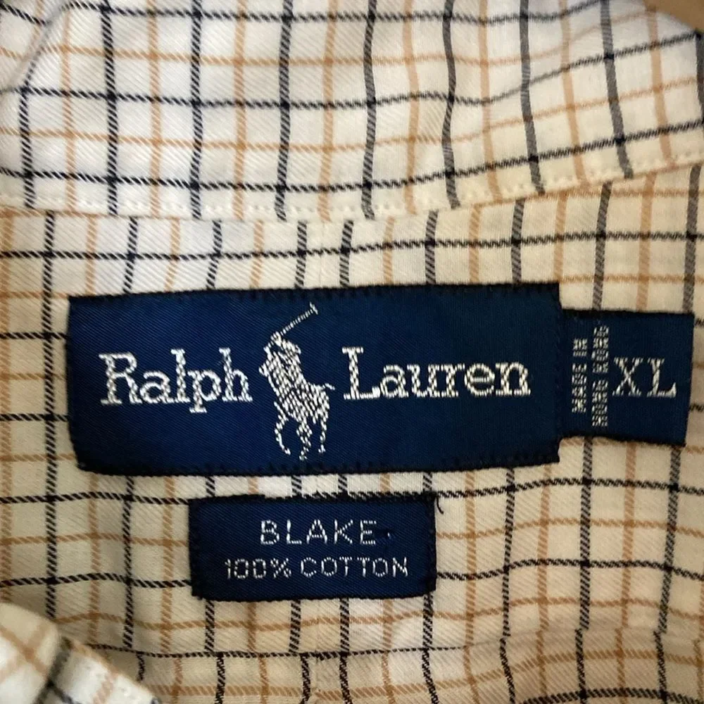 Ralph Lauren Mens Blake Button Down Shirt XL White Gold Navy Windowpane‎ Pony